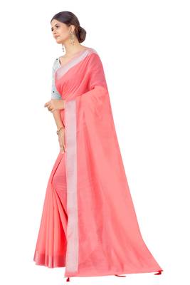Cotton Silk Peach Color Solid Jari Patta Fashion Saree 2
