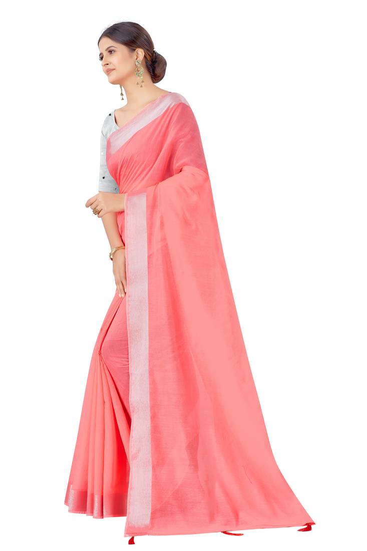 Cotton Silk Peach Color Solid Jari Patta Fashion Saree