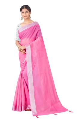 Cotton Silk Pink Color Solid Jari Patta Fashion Saree 1