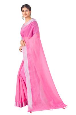 Cotton Silk Pink Color Solid Jari Patta Fashion Saree 2