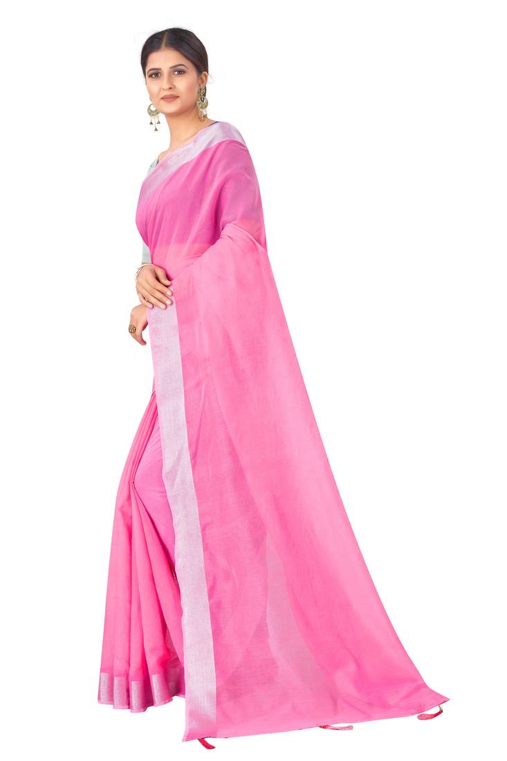 Cotton Silk Pink Color Solid Jari Patta Fashion Saree