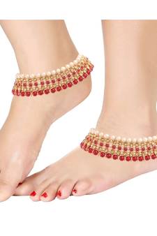 Pink beaded jewellery Yellow Gold Alloy   Pair of Anklet