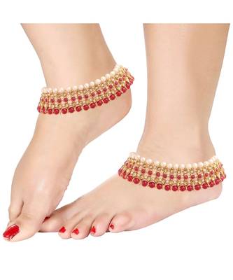 Pink beaded jewellery Yellow Gold Alloy   Pair of Anklet 1