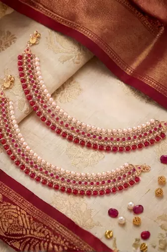 Pink beaded jewellery Yellow Gold Alloy   Pair of Anklet