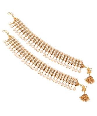 White beaded jewellery Yellow Gold Alloy   Pair of Anklet 2