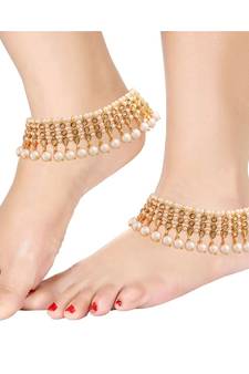 White beaded jewellery Yellow Gold Alloy   Pair of Anklet