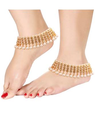 White beaded jewellery Yellow Gold Alloy   Pair of Anklet 1