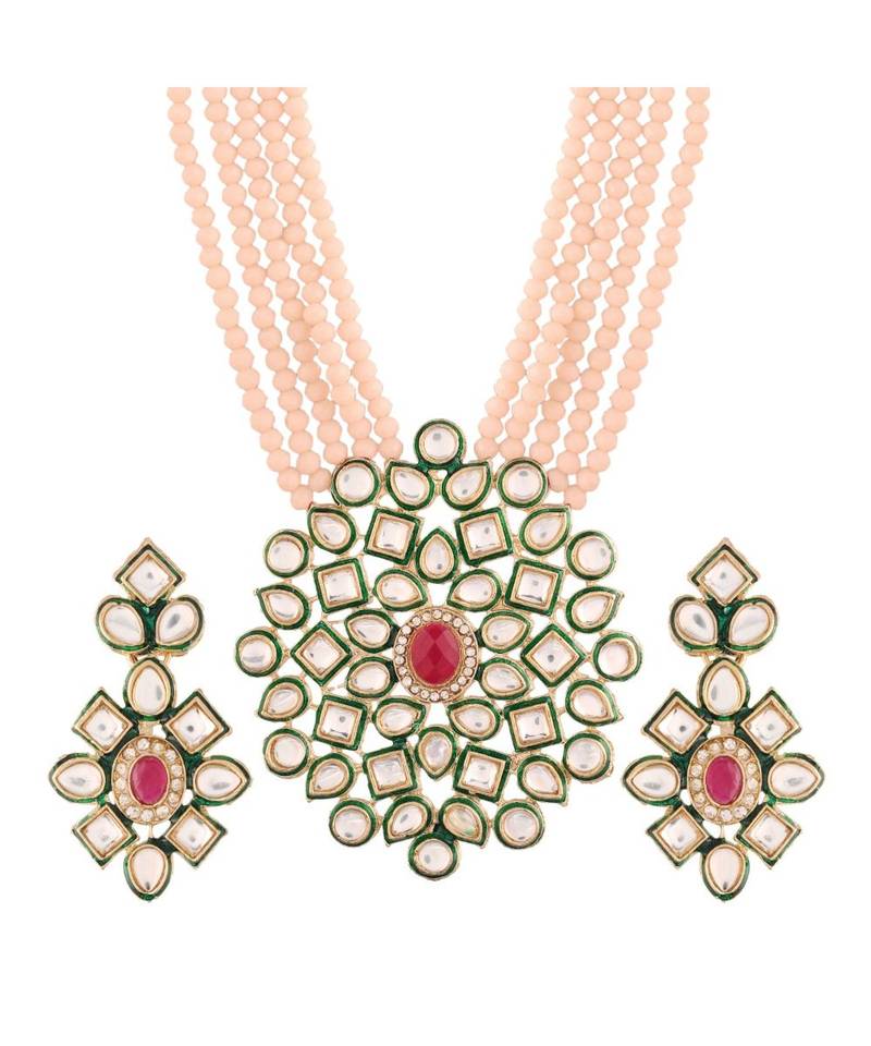 White beaded jewellery Yellow Gold Alloy   Necklacewith   Pair of Earrings