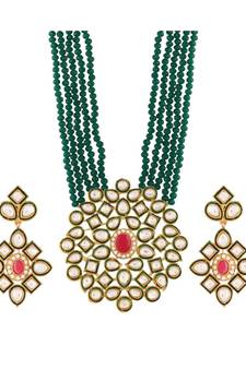 Green beaded jewellery Yellow Gold Alloy   Necklacewith   Pair of Earrings