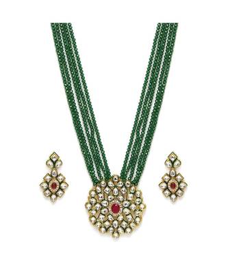 Green beaded jewellery Yellow Gold Alloy   Necklacewith   Pair of Earrings 2