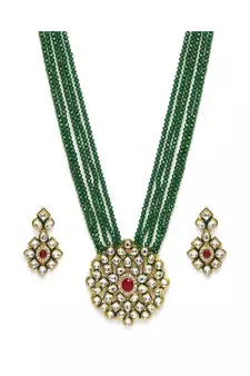 Green beaded jewellery Yellow Gold Alloy   Necklacewith   Pair of Earrings