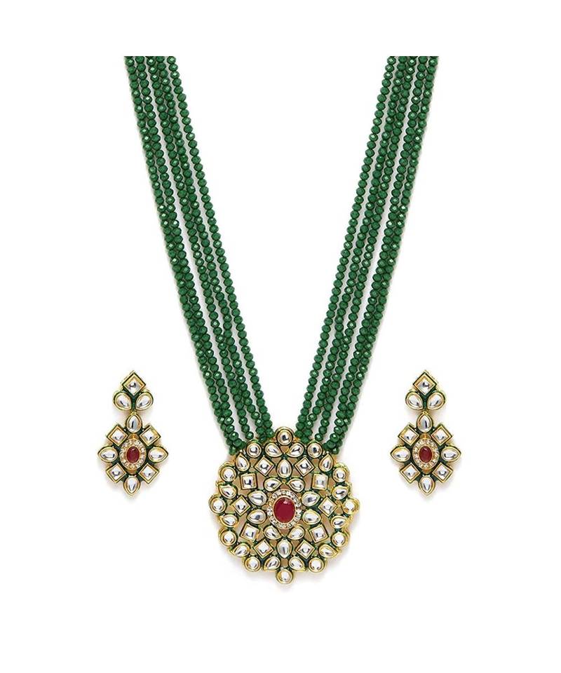 Green beaded jewellery Yellow Gold Alloy   Necklacewith   Pair of Earrings