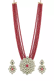 Maroon beaded jewellery Yellow Gold Alloy   Necklacewith   Pair of Earrings