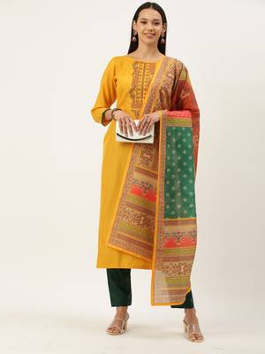 Yellow Cotton  Embroidery stitched kurta & bottom with dupatta 1