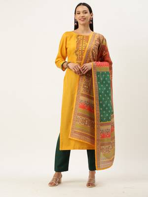 Yellow Cotton  Embroidery stitched kurta & bottom with dupatta 3