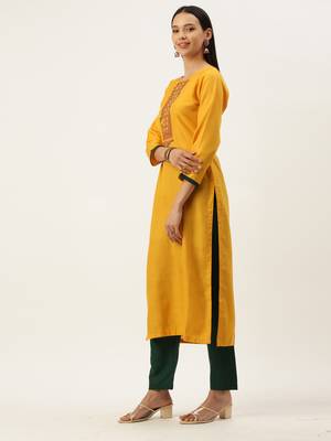 Yellow Cotton  Embroidery stitched kurta & bottom with dupatta 4