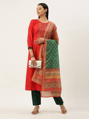 Red Cotton  Embroidery stitched kurta & bottom with dupatta 1