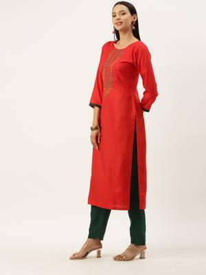 Red Cotton  Embroidery stitched kurta & bottom with dupatta 3