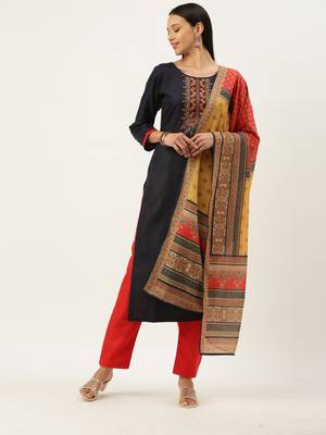 Blue Cotton  Embroidery stitched kurta & bottom with dupatta 1