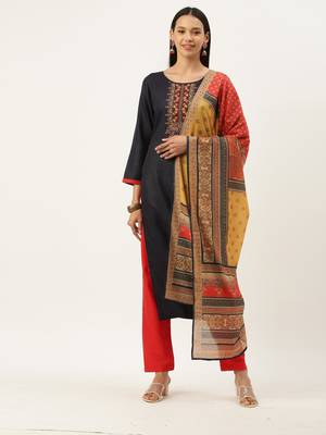 Blue Cotton  Embroidery stitched kurta & bottom with dupatta 4