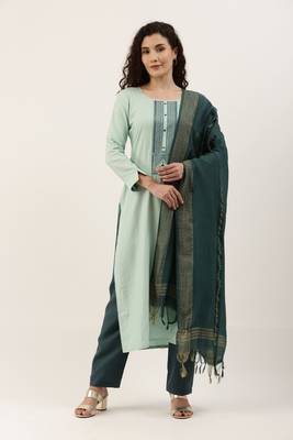 Green Cotton  Embroidery stitched kurta & bottom with dupatta 2
