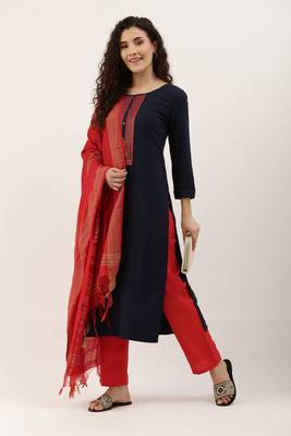 Blue Cotton  Embroidery stitched kurta & bottom with dupatta 2