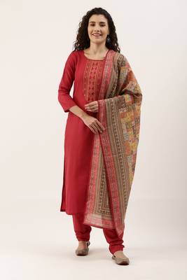 Red Cotton  Embroidery stitched kurta & bottom with dupatta 1