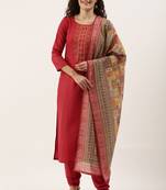 Red Cotton  Embroidery stitched kurta & bottom with dupatta