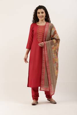 Red Cotton  Embroidery stitched kurta & bottom with dupatta 2