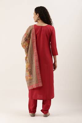 Red Cotton  Embroidery stitched kurta & bottom with dupatta 3
