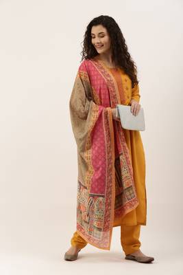 Yellow Cotton  Embroidery stitched kurta & bottom with dupatta 1