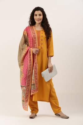 Yellow Cotton  Embroidery stitched kurta & bottom with dupatta 2