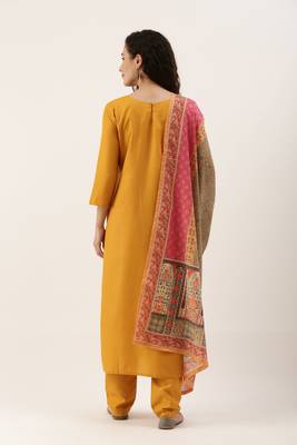 Yellow Cotton  Embroidery stitched kurta & bottom with dupatta 3