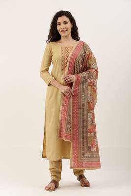 Beige Cotton  Embroidery stitched kurta & bottom with dupatta 1