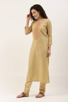 Beige Cotton  Embroidery stitched kurta & bottom with dupatta 5