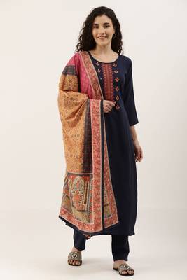Blue Cotton  Embroidery stitched kurta & bottom with dupatta 1