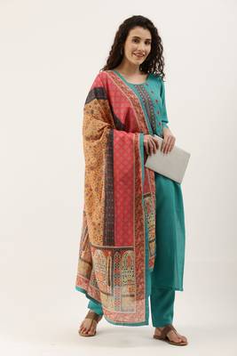 Green Cotton  Embroidery stitched kurta & bottom with dupatta 1
