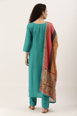 Green Cotton  Embroidery stitched kurta & bottom with dupatta 3