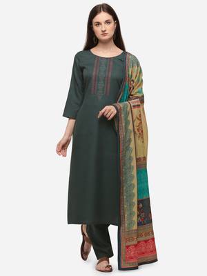 Green Cotton  Embroidery stitched kurta & bottom with dupatta 1