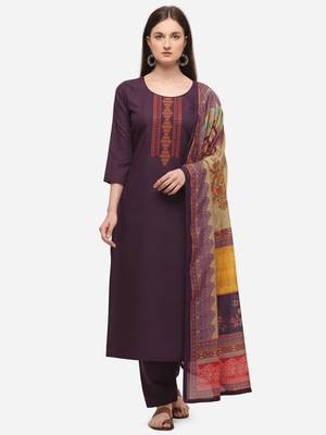Purple Cotton  Embroidery stitched kurta & bottom with dupatta 1
