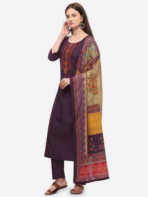Purple Cotton  Embroidery stitched kurta & bottom with dupatta 5