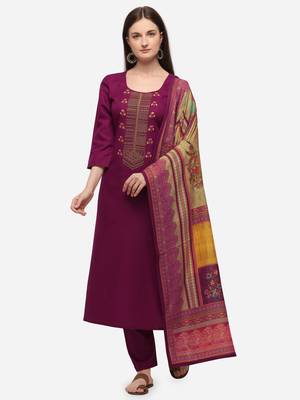 Magenta Cotton  Embroidery stitched kurta & bottom with dupatta 1
