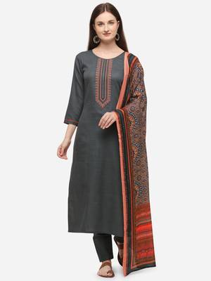Grey Cotton  Embroidery stitched kurta & bottom with dupatta 1