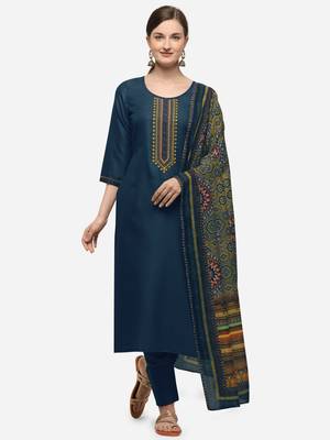 Blue Cotton  Embroidery stitched kurta & bottom with dupatta 1