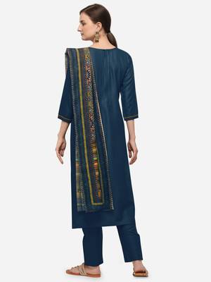 Blue Cotton  Embroidery stitched kurta & bottom with dupatta 2