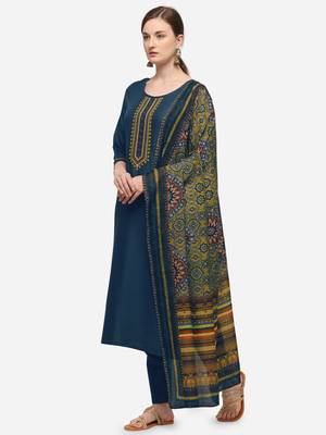 Blue Cotton  Embroidery stitched kurta & bottom with dupatta 5