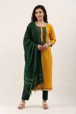 Yellow Cotton  Embroidery stitched kurta & bottom with dupatta 1