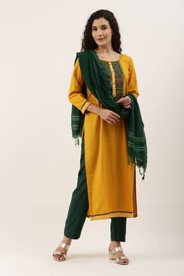 Yellow Cotton  Embroidery stitched kurta & bottom with dupatta 2
