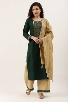 Green Cotton  Embroidery stitched kurta & bottom with dupatta 1