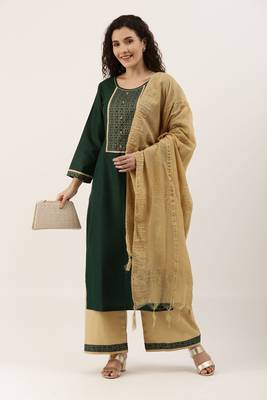 Green Cotton  Embroidery stitched kurta & bottom with dupatta 2